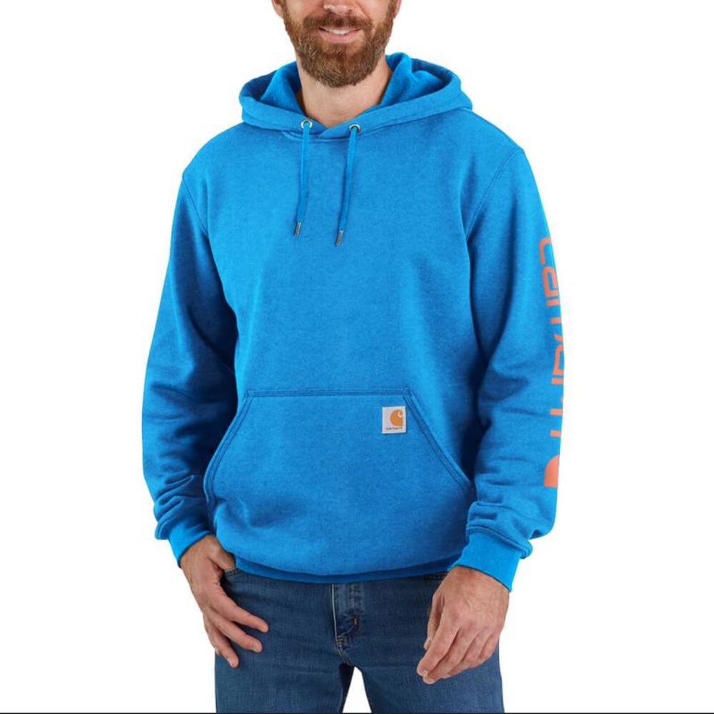 Carhartt men’s hoodie blue with orange letters